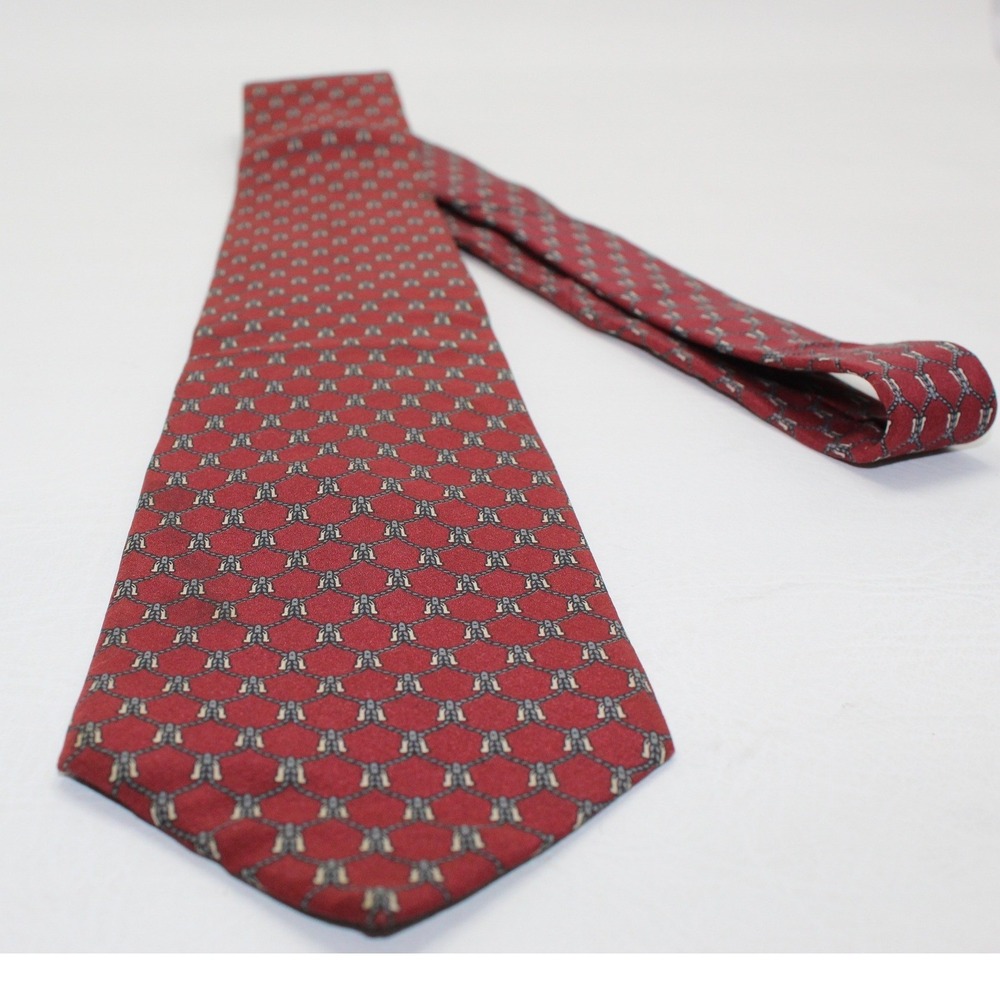 Hardy Amies Savile Row London Silk Tie Burgundy Red Geometric Chain Pattern Mens